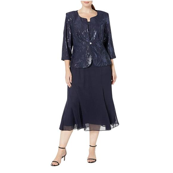 Alex Evenings Navy Sequin Evening Jacket & Midi Mother of the Bride Dress Set - Picture 1 of 11
